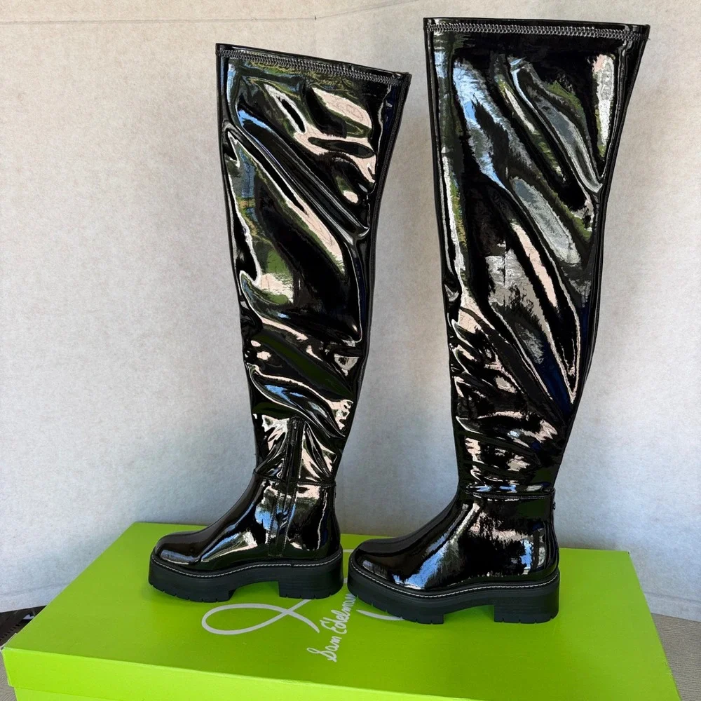 Sam Edelman Lydia Black Patent Over The Knee Lug Sole Boots I3399S1001 Size 6.5